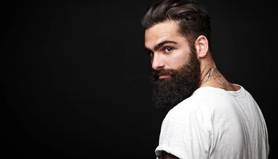 Image: Man, beard, face, tattoo, t-shirt, white, black background
