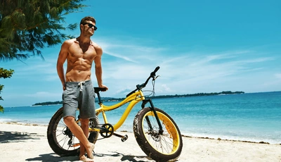 Image: Мужчина, очки, пляж, море, песок, велосипед, день, небо