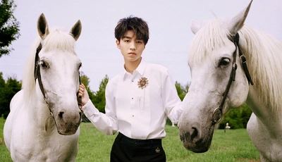 Image: Man, horse, white, posing, nature