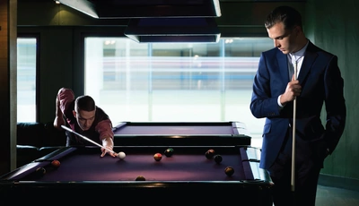 Image: Men, pool, table, cue, balls, game, suit, style