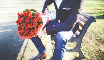 Image: Мужчина, костюм, розы, цветы, букет, романтика, скамейка, тень