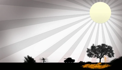 Картинка: Солнце, лучи, поле, война, солдат, танк, оружие, выстрел, дерево, листья
