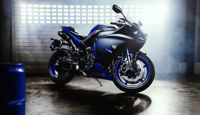 Image: Байк, мотоцикл, колёса, Yamaha, YZF R1, чёрный, синий, свет