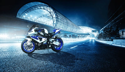 Image: BMW, motorcycle, white-blue, wheel, light, road, marking