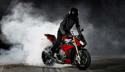 Image: Мотоцикл, BMW, S1000R, байк, мужчина, шлем, дым