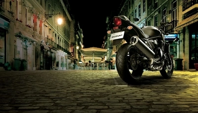 Image: Suzuki, motorcycle, bike, black, street, building, night, lighting