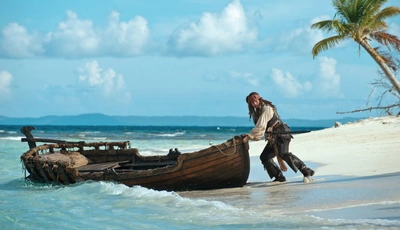 Image: Джек Воробей, Джонни Депп, лодка, побег, океан, берег, остров, небо, пальма, пират, Пираты Карибского моря, море
