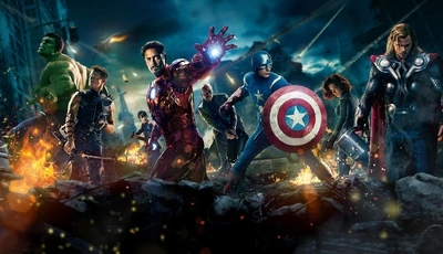 Картинка: Спергерои, Мстители, Avengers, Железный человек, Тор, Халк, Сокол, агенты щит, война, разрушения, битва