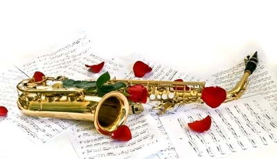 Image: Саксофон, инструмент, лепестки розы, ноты, белый фон