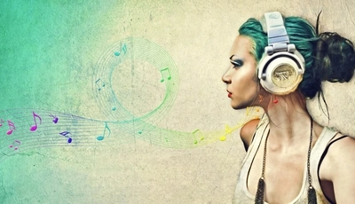 Image: Girl, headphones, sound, waves, tune, notes