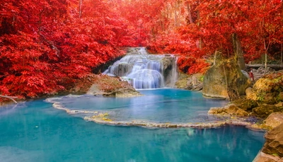 Image: Водопад, озеро, вода, деревья, красные, листва, осень, лес, камни