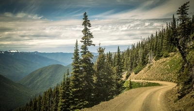 Image: Road, landscape, mountains, forest, trees, needles, sky, horizon