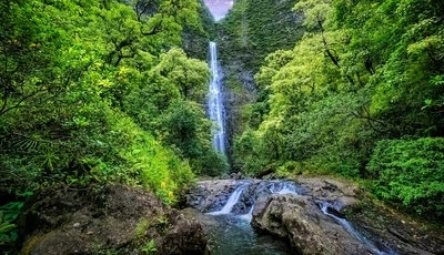 Картинка: Falls, Kauai, Hawaii, водопад, растительность, деревья, горы, скалы, речка, пейзаж, природа