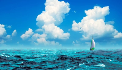 Image: Sky, blue, clouds, sea, ocean, waves, sail, boat