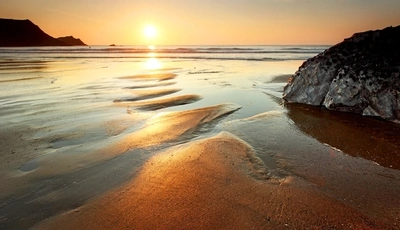 Image: Песок, пляж, море, вода, солнце, закат, горизонт, небо, скалы