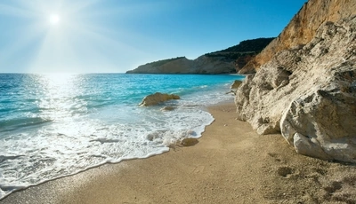 Картинка: Море, вода, побережье, песок, камни, скалы, горизонт, небо, солнце, день