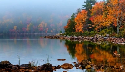 Image: Осень, пейзаж, деревья, листья, камни, вода, озеро, отражение, туман