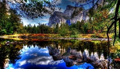 Картинка: природа, озеро, лес, скалы, горы, отражение