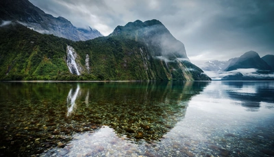 Image: Горы, небо, туман, вода, водопад, озеро, прозрачное, камни