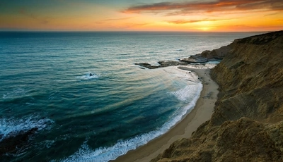 Картинка: Море, вода, волны, небо, горизонт, закат, пляж, берег, скалы, склон