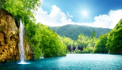 Image: Водопад, пейзаж, вода, небо, облака, деревья, горы
