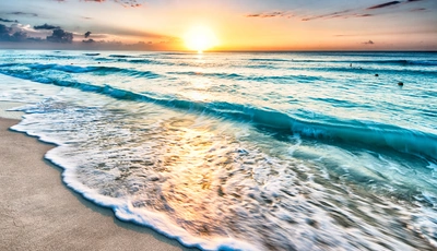Image: Вода, море, океан, волны, пена, суша, песок, небо, закат, горизонт, пейзаж