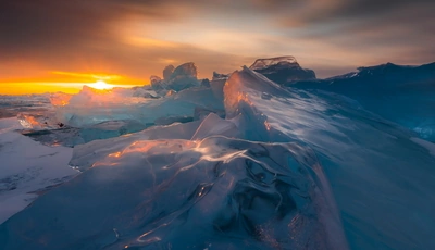 Картинка: Закат, лёд, глыба, зима