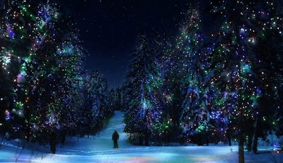 Картинка: зима, новый год, лес, ночь