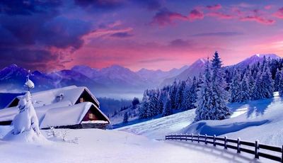 Картинка: зима, горы, лес, деревья, небо, деревня, зимний пейзаж