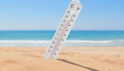 Image: Градусник, градус фаренгейта, градус цельсия, небо, море, песок, пляж, жара, лето, день, солнце, тень