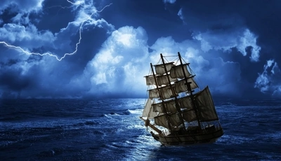 Картинка: Корабль, парусник, паруса, мачта, волны, вода, море, океан, небо, облака, молния, шторм