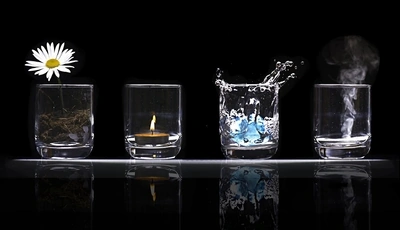 Image: Земля, огонь, вода, воздух, стихии, стаканы, отражение, ромашка, свеча, дым, чёрный фон