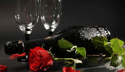 Image: Бокалы, бутылка, шампанское, роза, цветок, романтика, тёмный фон