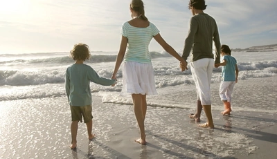 Image: Family, people, father, mother, children, sea, waves, sea foam, beach, sand