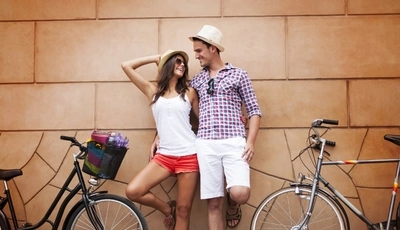 Картинка: Пара, девушка, мужчина, улыбка, смех, велосипед