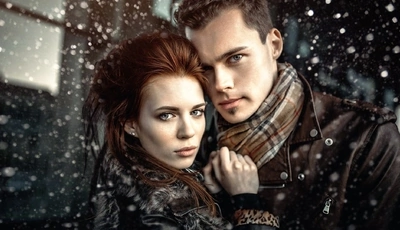 Image: Девушка, мужчина, взгляд, пара, снег, шарф