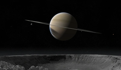 Image: Планета, гигант, газовый шар, Сатурн, кольца, спутники, космос, поверхность, кратер, камни
