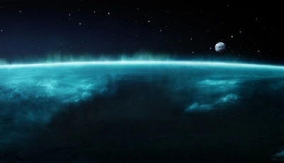 Картинка: Космос, Земля, спутник, Луна, облака, атмосфера, звёзды, свечение