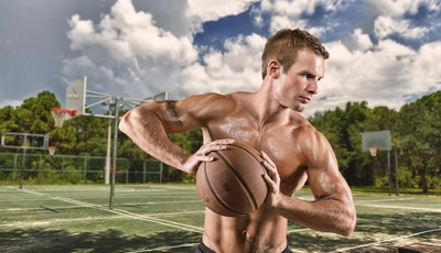 Картинка: Спортсмен, мяч, мужчина, мышцы, площадка, игра, баскетбол, небо, облака