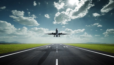 Image: Plane, sky, clouds, height, flight, shadow, runway