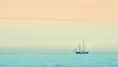 Картинка: Море, океан, вода, корабль, паруса, мачта, горизонт, небо