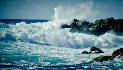 Image: Water, sea, ocean, waves, splashes, drops, rocks, stones, sky, horizon