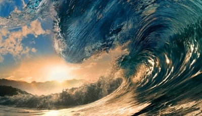 Image: Wave, water, ocean, spray, sun, sunset, sky, clouds