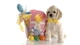 Картинка: Белый щенок сидит возле пасхальной сумки с цветными яйцами