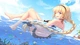 Image: Anime girl swims in the sea sitting in a lifebuoy