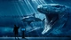 Картинка: Древний хищник Мозазавр охотится на акулу в аквариуме, а мальчик наблюдает за всем этим