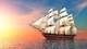 Image: A ship with white sails floats on a serene ocean