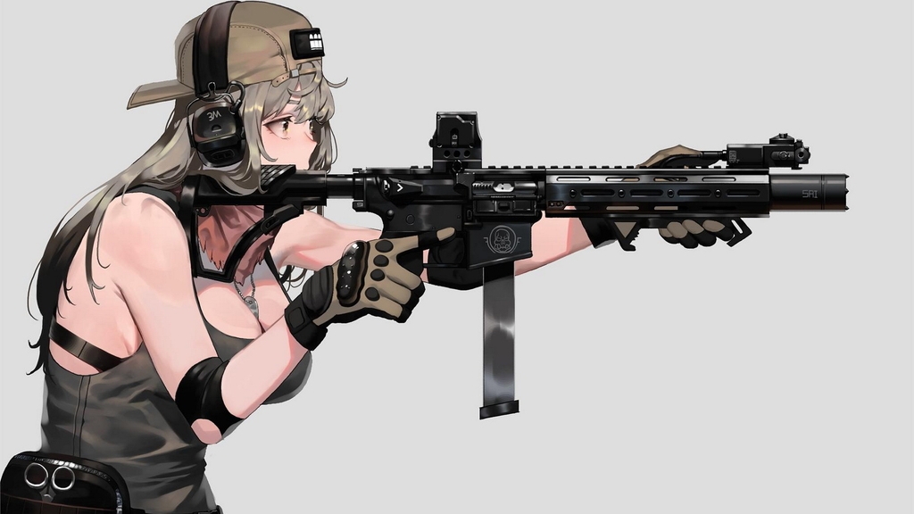 Image: Girl, aiming, cap, headphones, weapon, machine gun