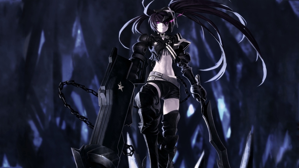 Image: Black Rock Shooter, look, shorts, chains, domination, hair, girl, weapon, glow, long hair, belts, purple eyes, necklaces, anime girls, glowing eyes