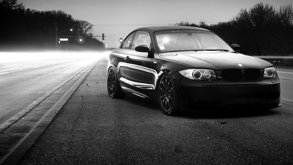 Image: BMW, black and white, wheels, lights, road, highway, lamp, lights, lighting, trees